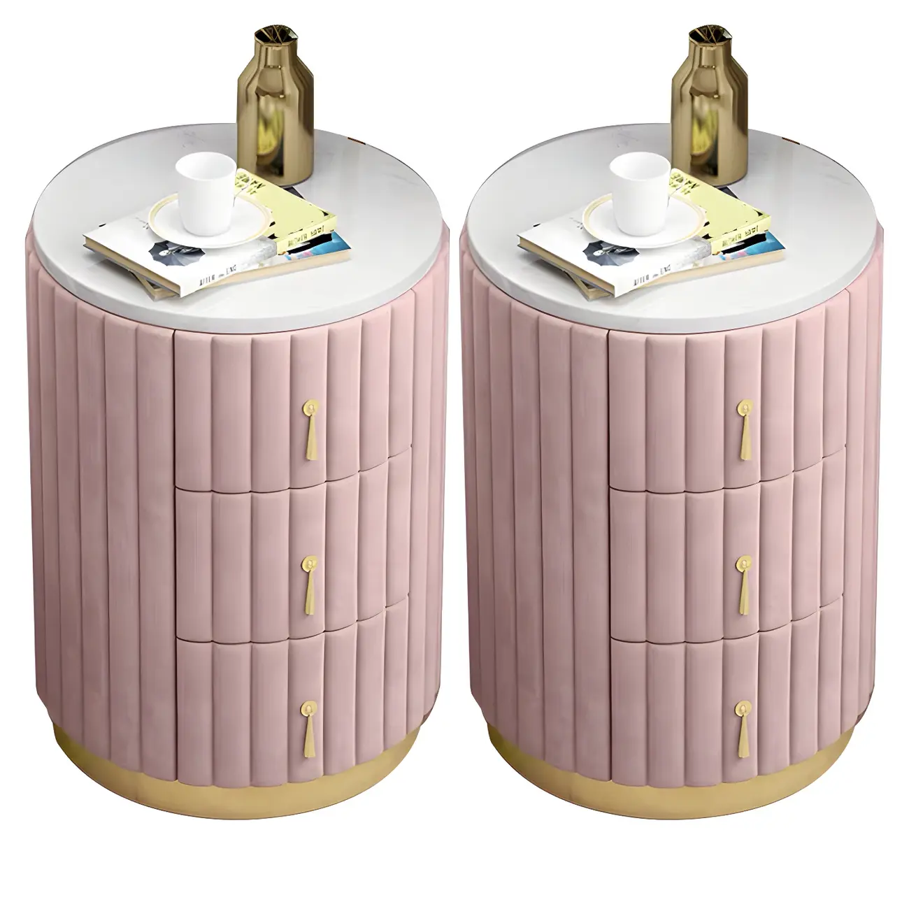 Stylish Pink Round Bedside Table with 3 Drawers and Marble Top Image - 10 | homeyfad