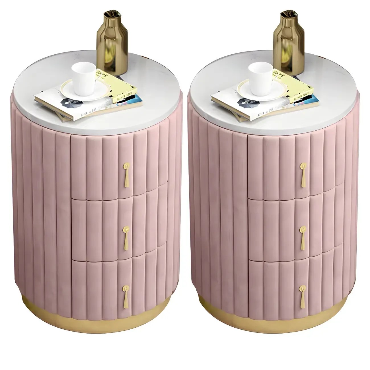 Stylish Pink Round Bedside Table with 3 Drawers and Marble Top Image - 10