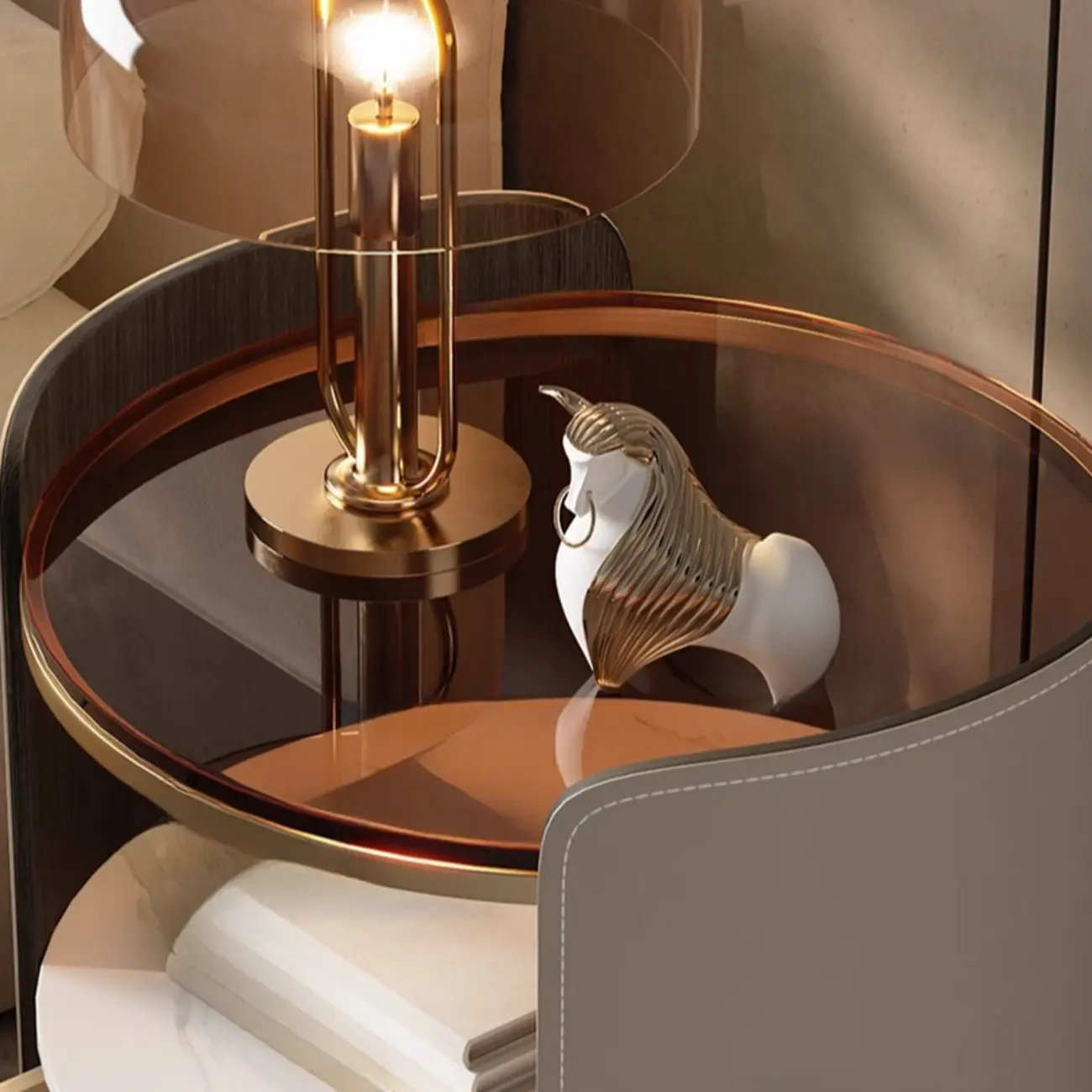 Modern Round Nightstand Glass Top with Drawer and Open Shelf Image - 11 | homeyfad