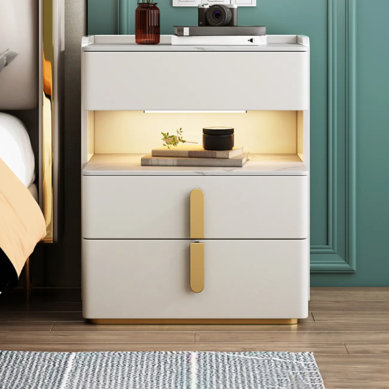 Versatile Lighting White 3-Drawer Nightstand in Marble Top Image - 1 | homeyfad