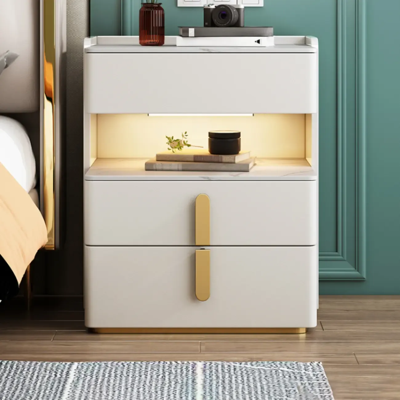 Versatile Lighting White 3-Drawer Nightstand in Marble Top Image - 1