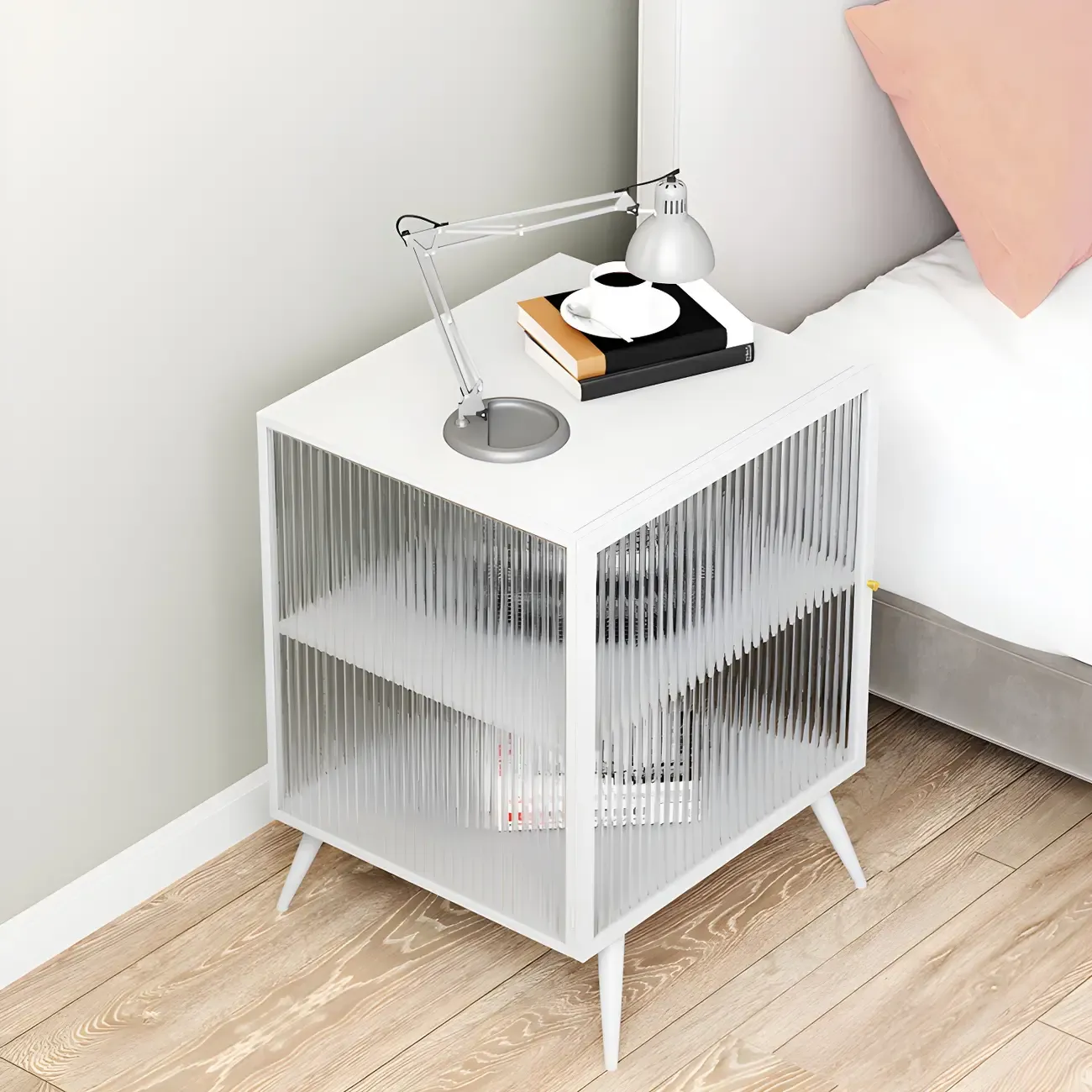 Modern Black Metal Bedside Table with Glass Shelving Image - 15