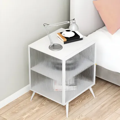 Modern Black Metal Bedside Table with Glass Shelving Image - 15