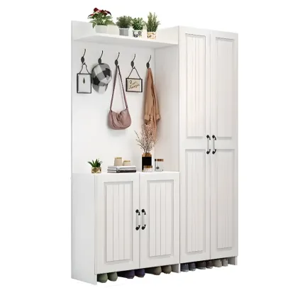 Modern White Hall Tree with Cabinets and Shelves Image - 14