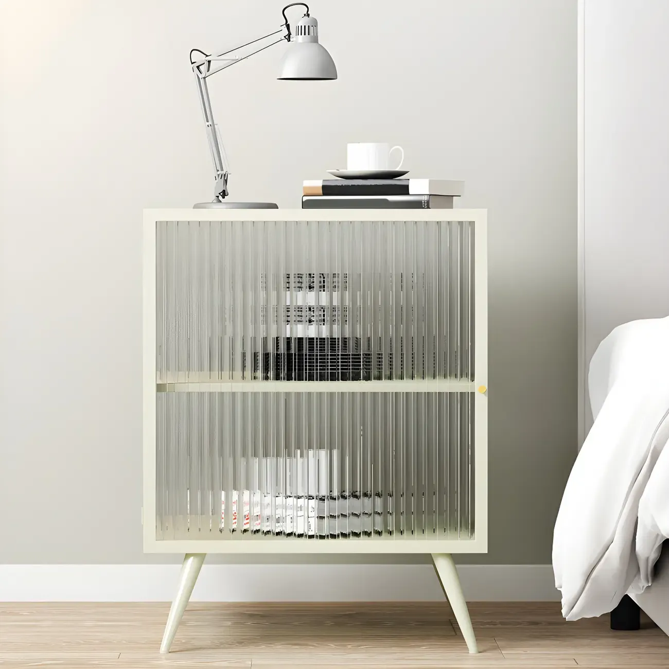 Modern Black Metal Bedside Table with Glass Shelving Image - 16
