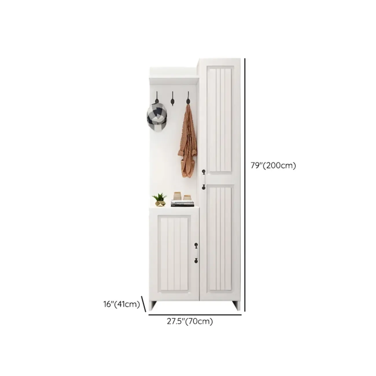 Modern White Hall Tree with Cabinets and Shelves #size