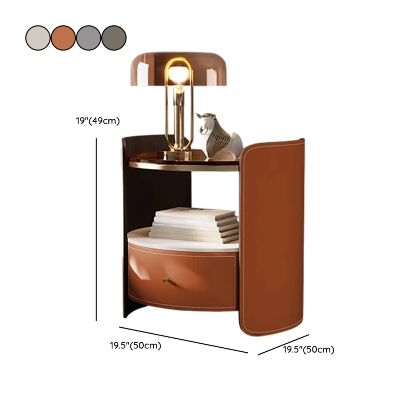 Modern Round Nightstand Glass Top with Drawer and Open Shelf #size