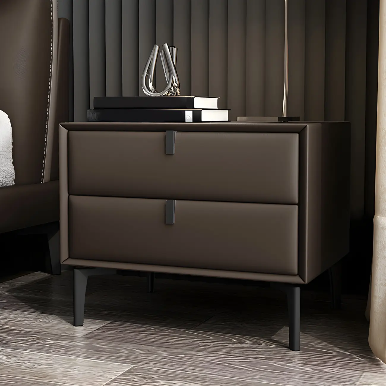 Modern Black Leather Bedside Table with Drawers Image - 18 | homeyfad