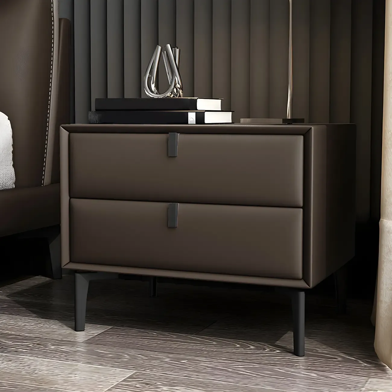 Modern Black Leather Bedside Table with Drawers Image - 18