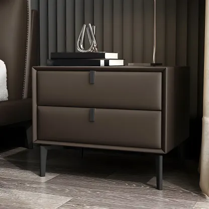 Modern Black Leather Bedside Table with Drawers Image - 18