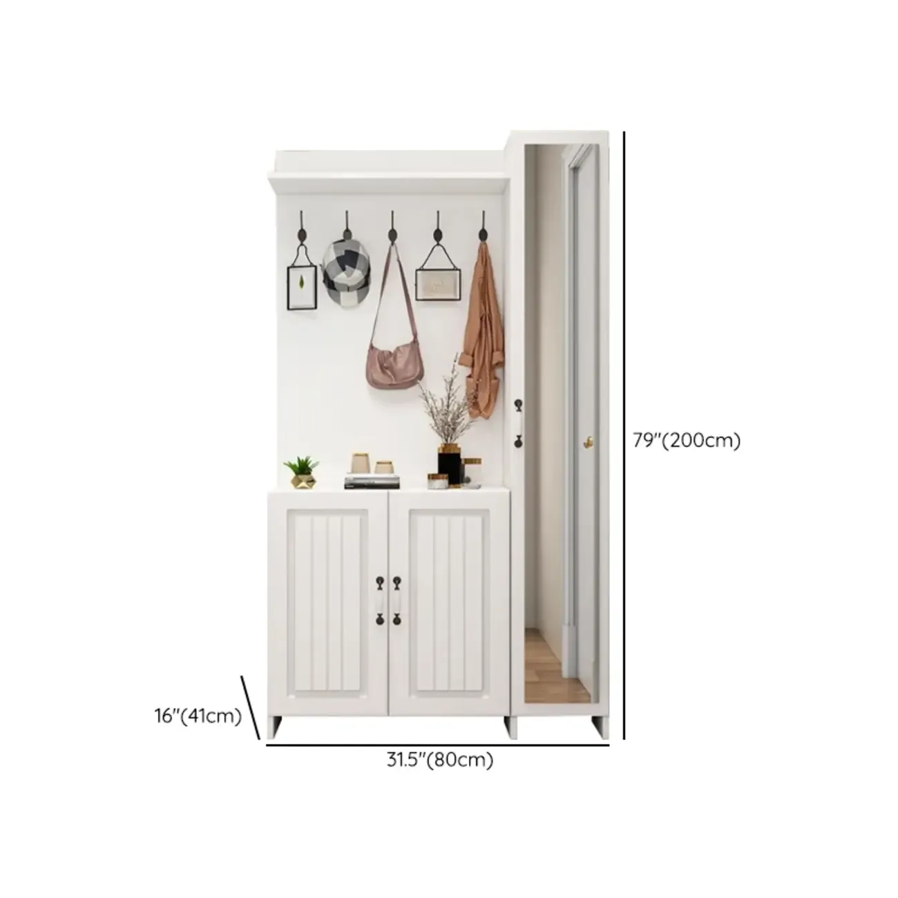 Modern White Hall Tree with Cabinets and Shelves Image - 16