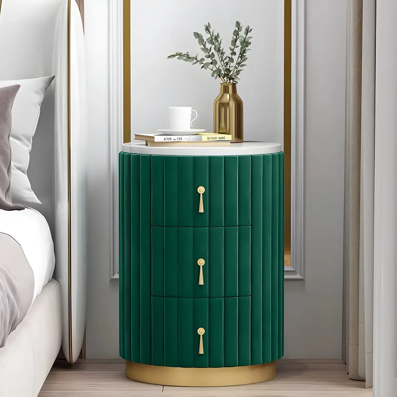 Stylish Pink Round Bedside Table with 3 Drawers and Marble Top Image - 14