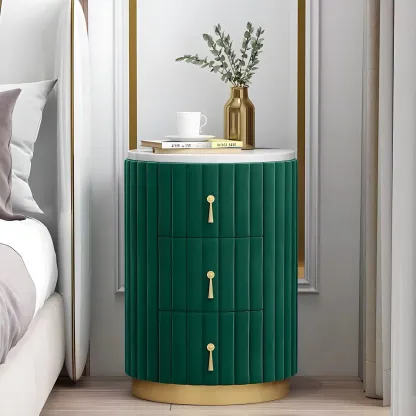 Stylish Pink Round Bedside Table with 3 Drawers and Marble Top Image - 14