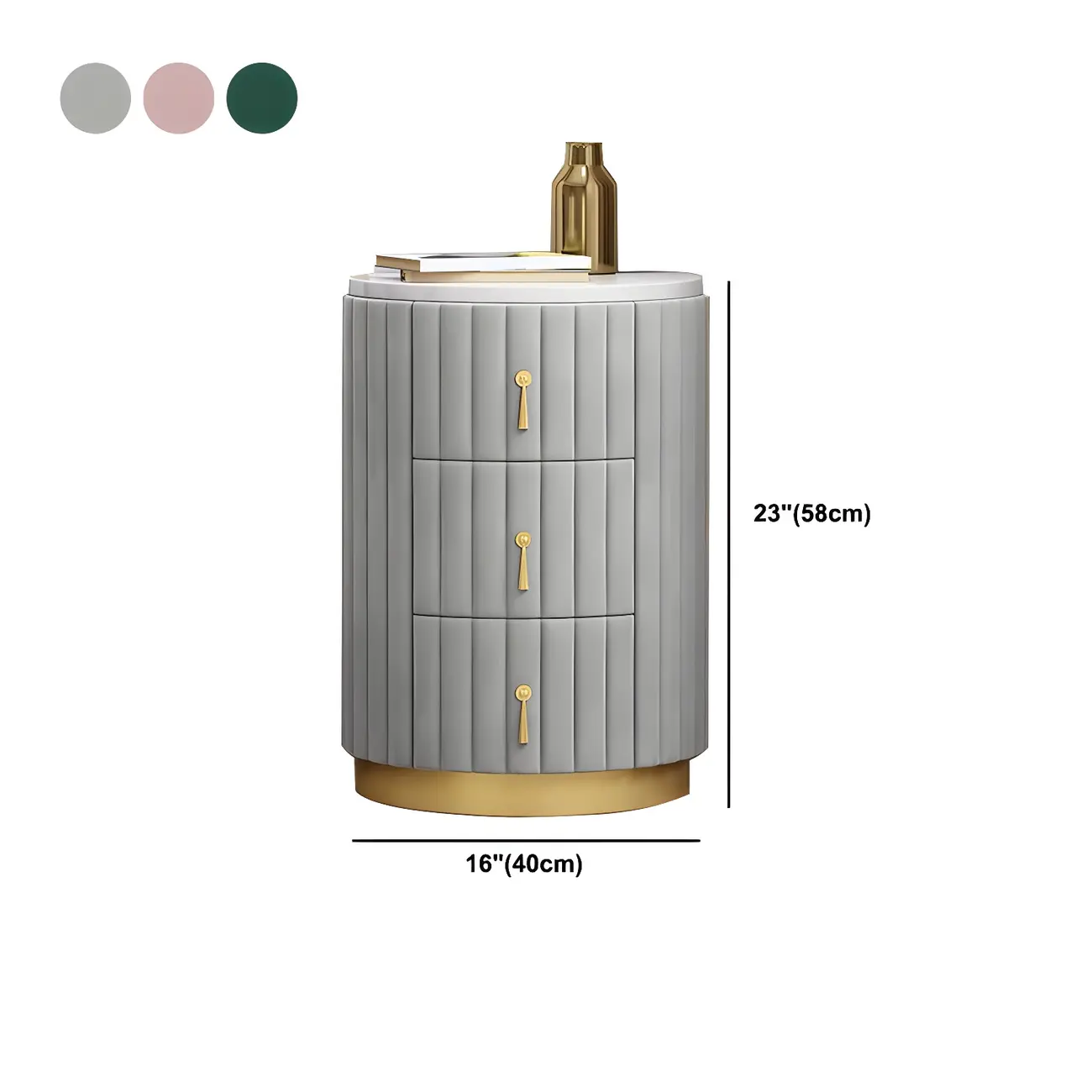 Stylish Pink Round Bedside Table with 3 Drawers and Marble Top #size | homeyfad