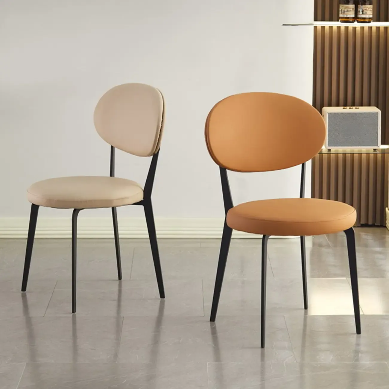 Minimalist Round Faux Leather Upholstered Metal Dining Chair Image - 1