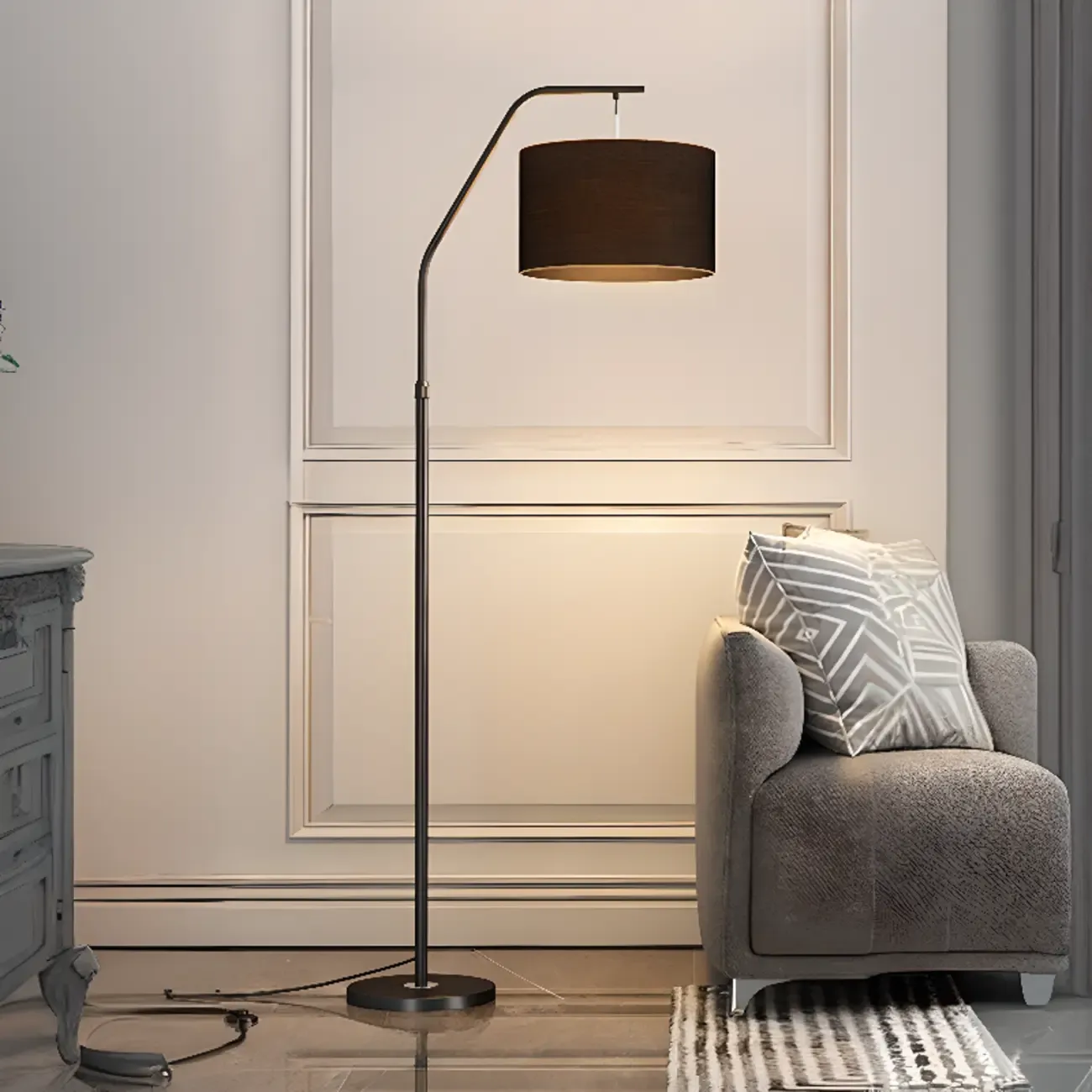 Adjustable Arc Floor Lamp with Fabric Shade for Living Room Image - 7