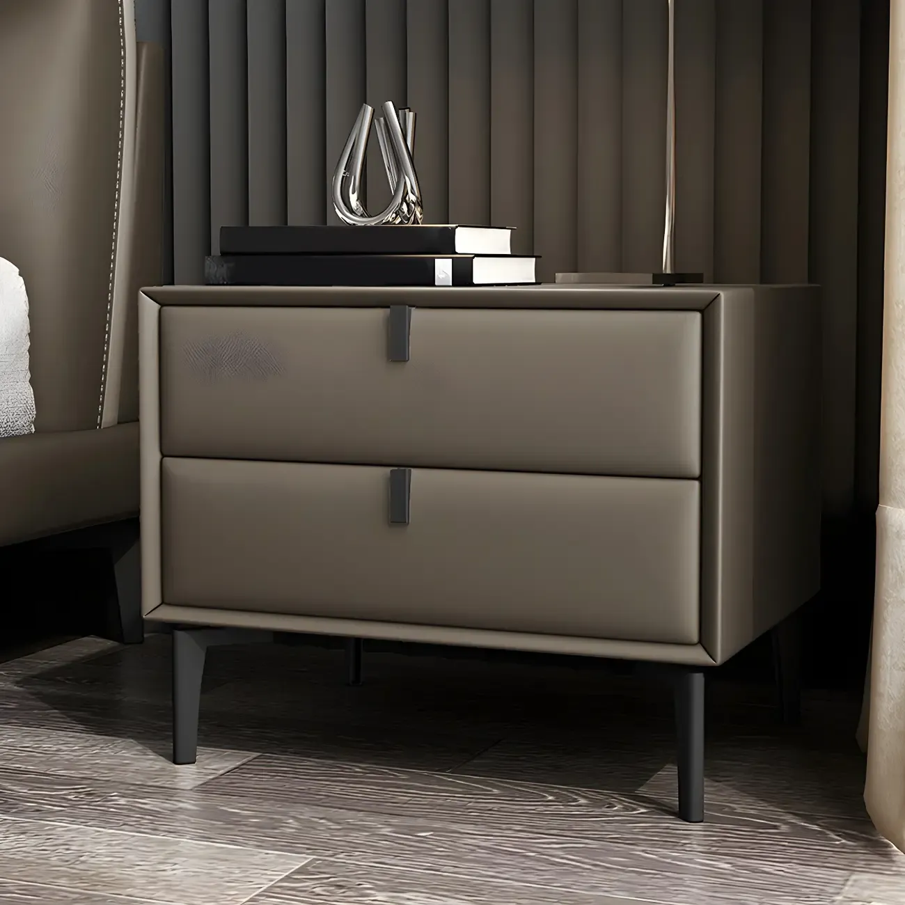 Modern Black Leather Bedside Table with Drawers Image - 20