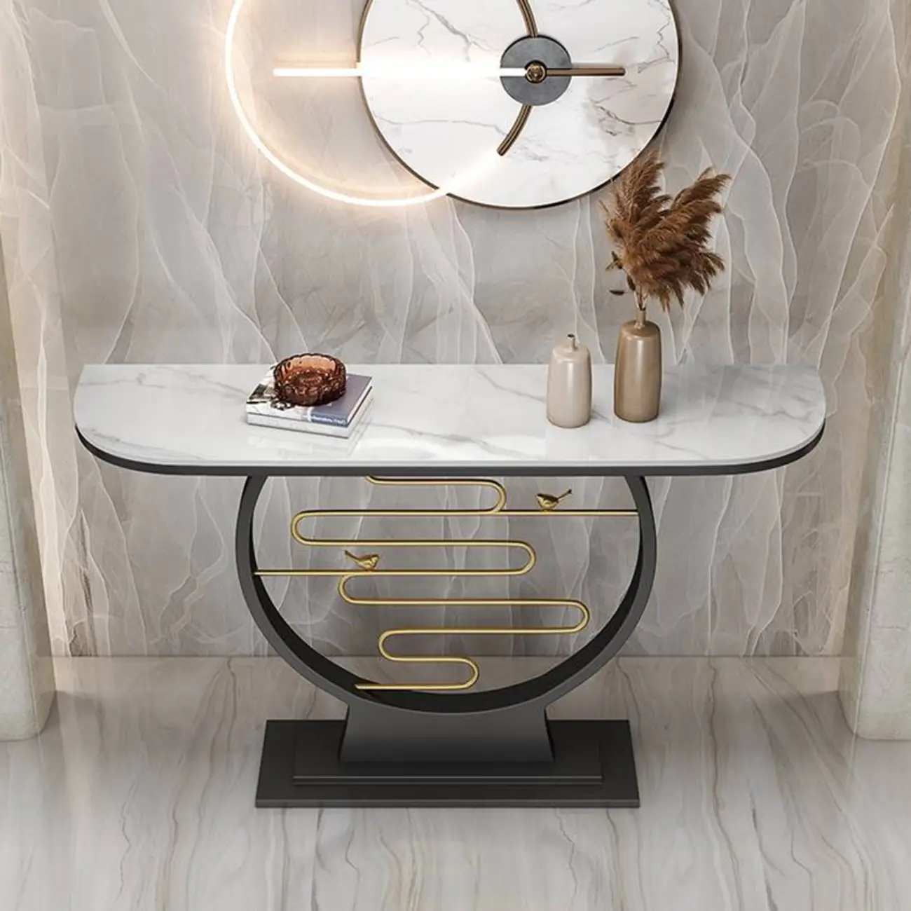 Modern Stone Top Console Table with Geometric Gold Base Image - 1 | homeyfad