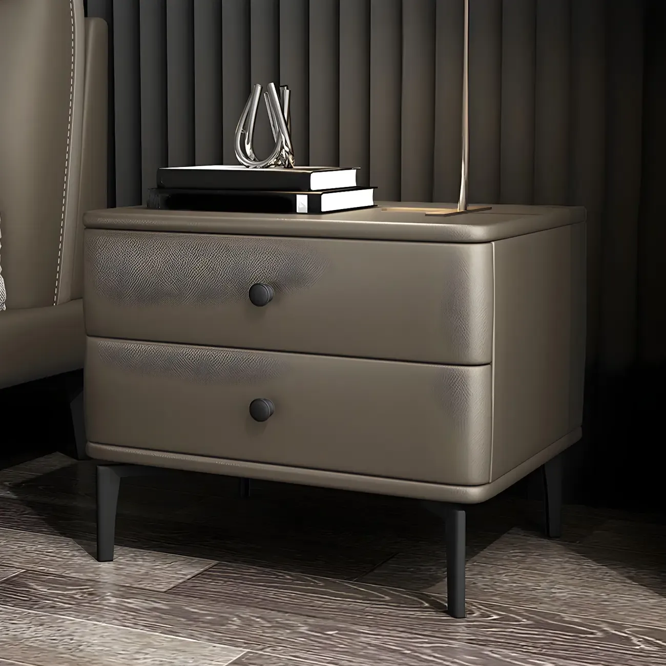 Modern Black Leather Bedside Table with Drawers Image - 21