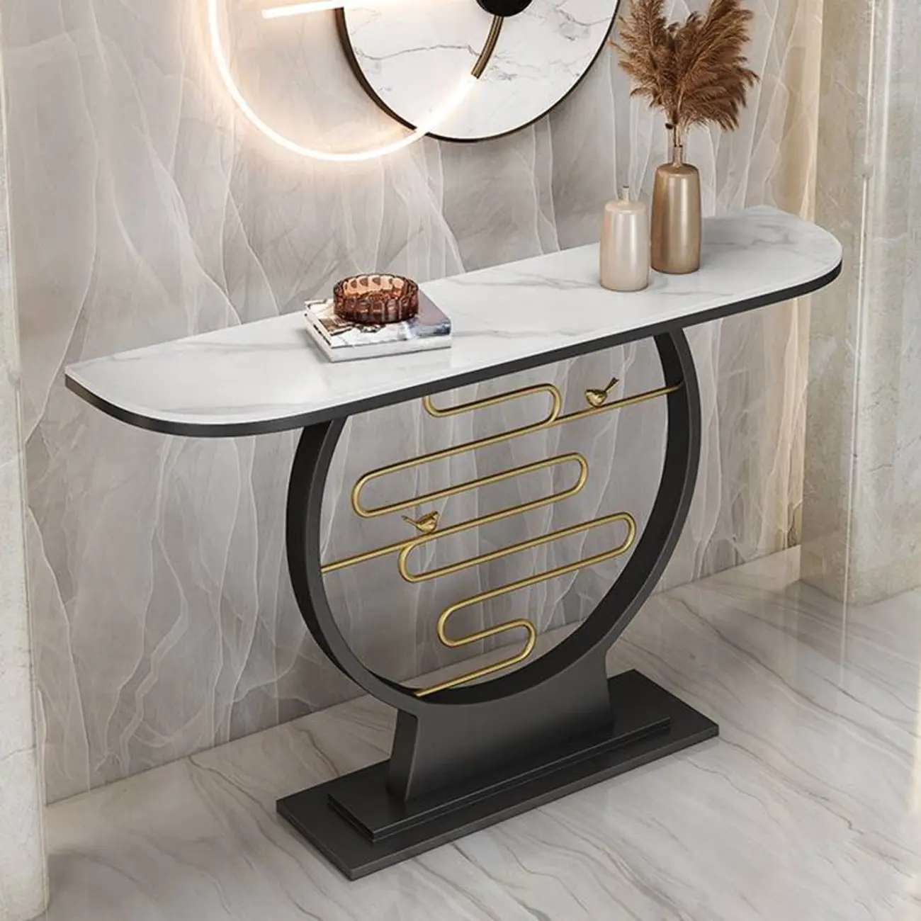 Modern Stone Top Console Table with Geometric Gold Base Image - 2 | homeyfad