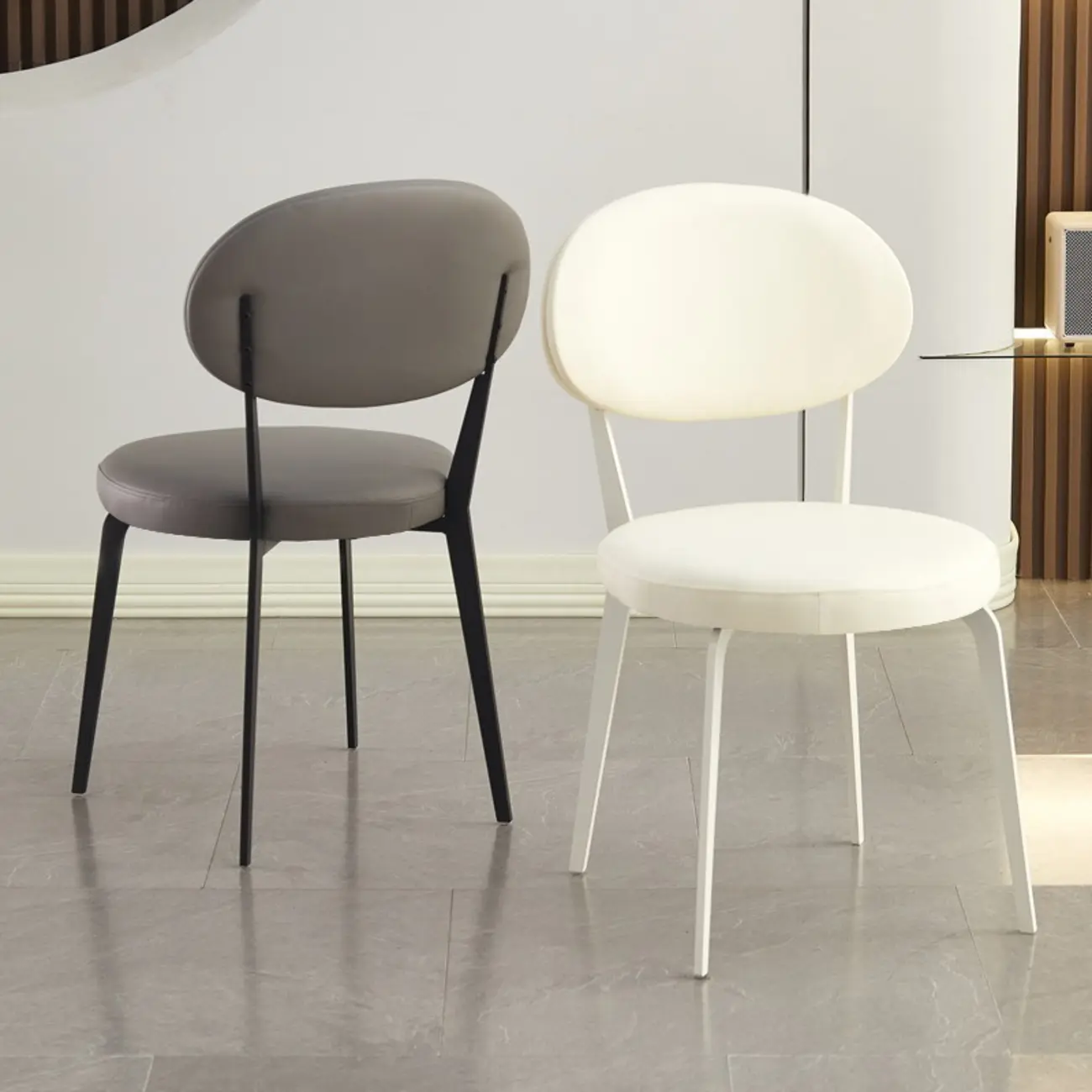 Minimalist Round Faux Leather Upholstered Metal Dining Chair Image - 4 | homeyfad