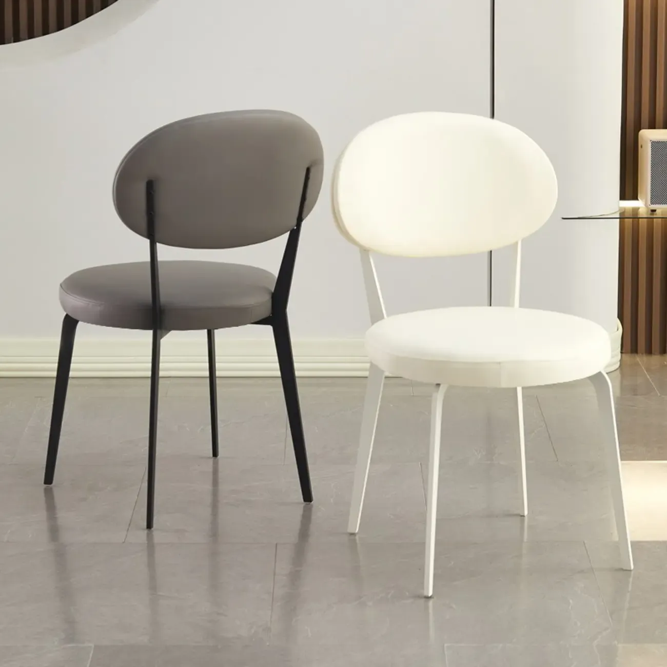 Minimalist Round Faux Leather Upholstered Metal Dining Chair Image - 4