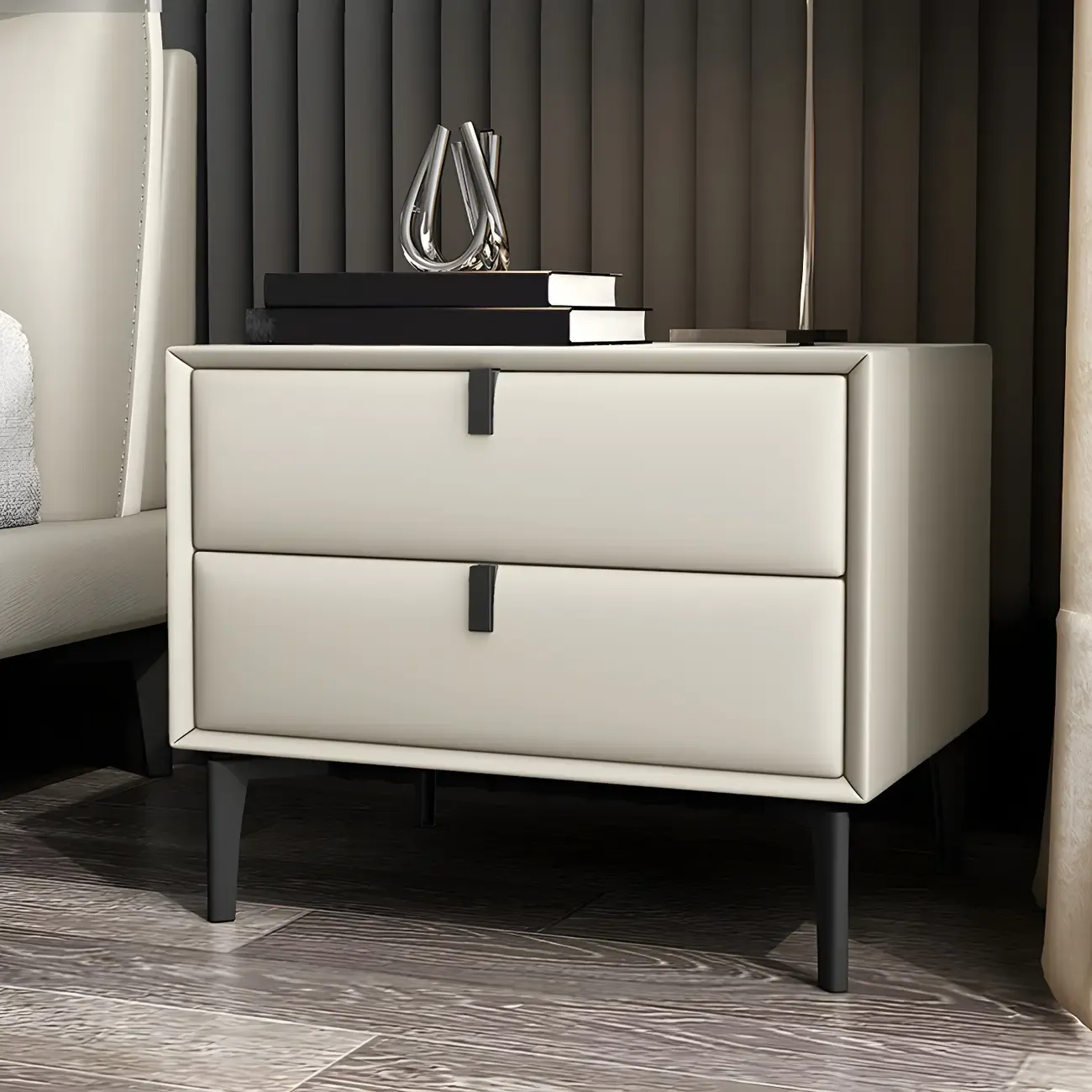 Modern Black Leather Bedside Table with Drawers Image - 23