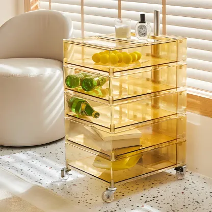 Vibrant Yellow Transparent Nightstand with Drawers and Wheels Image - 4