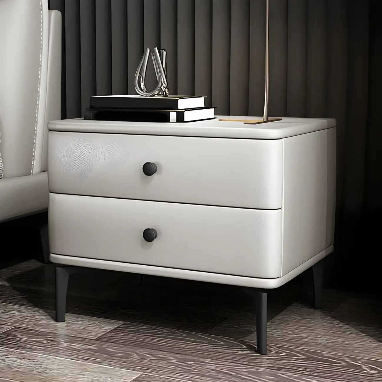 Modern Black Leather Bedside Table with Drawers Image - 25