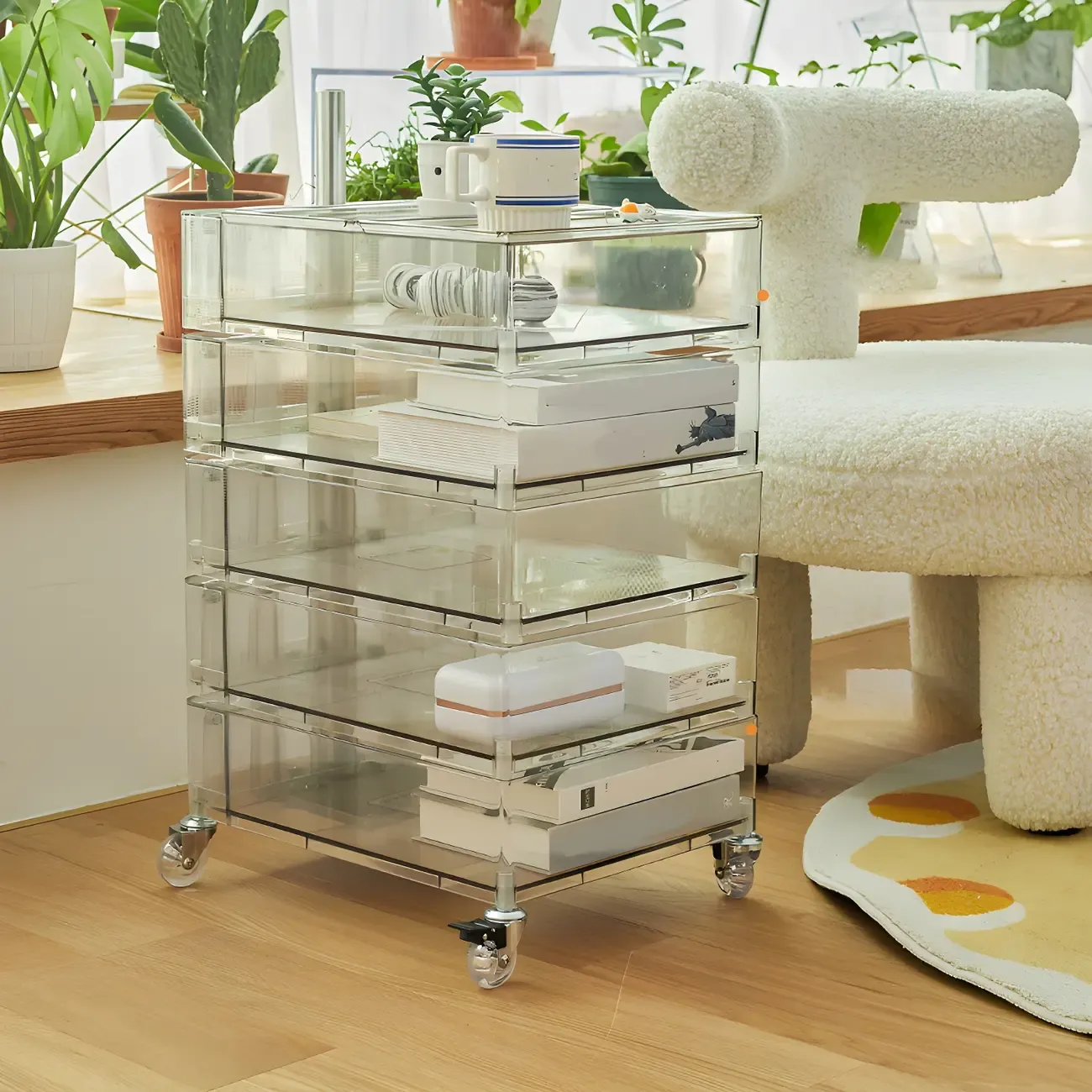 Vibrant Yellow Transparent Nightstand with Drawers and Wheels Image - 3