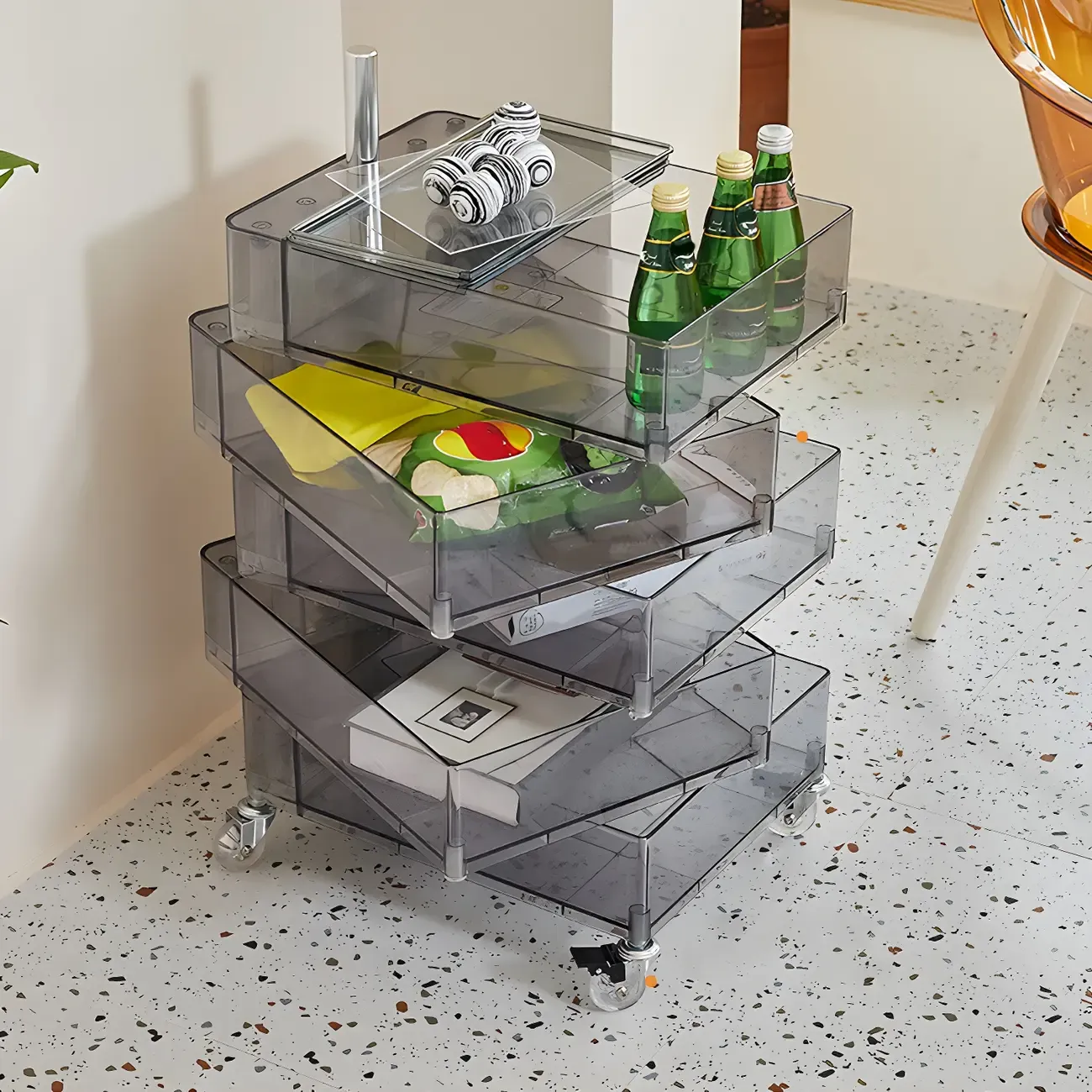 Vibrant Yellow Transparent Nightstand with Drawers and Wheels Image - 14