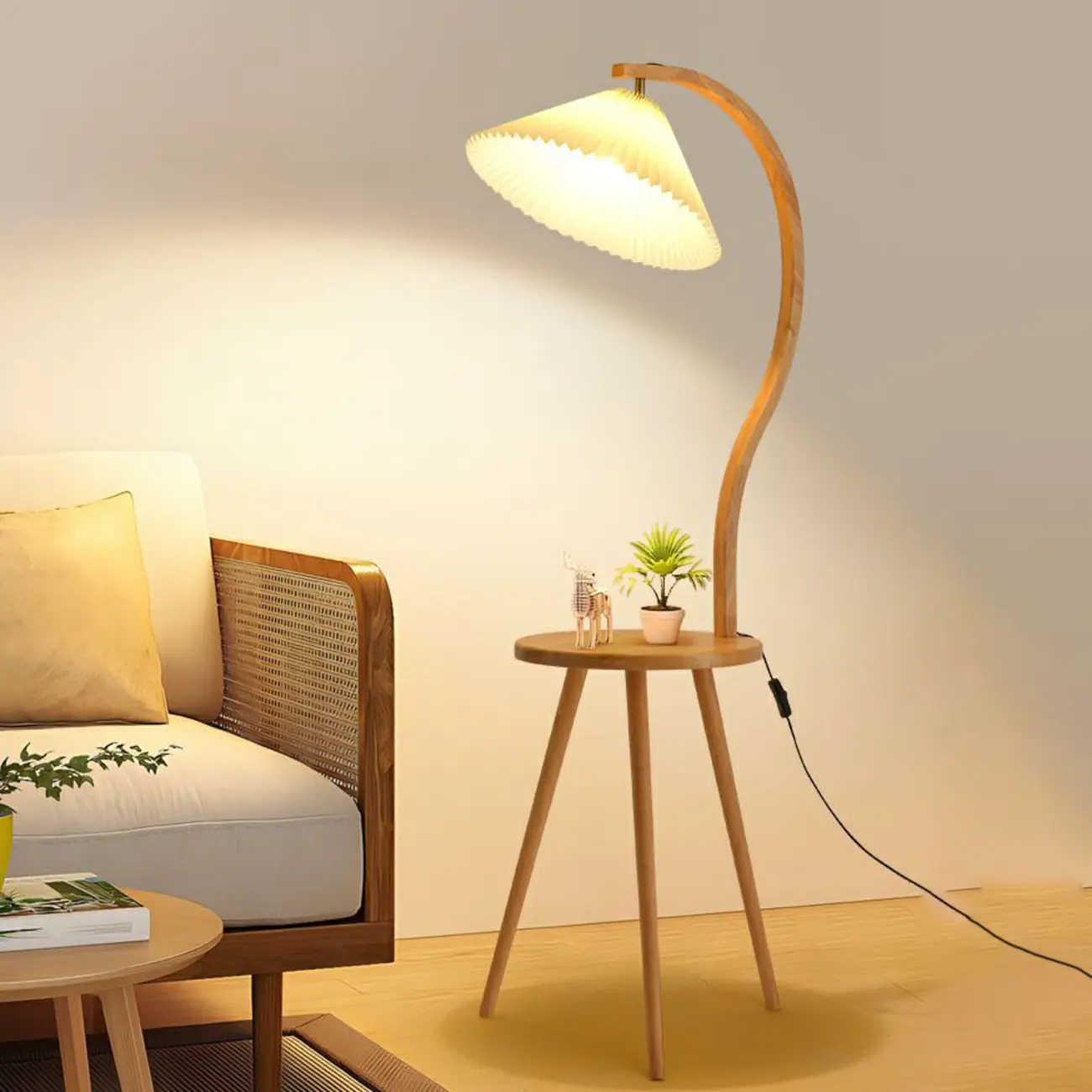 Natural Wooden Arc Floor Lamp with Beige Fabric Shade and Tripod Shelf  Image - 1 | homeyfad
