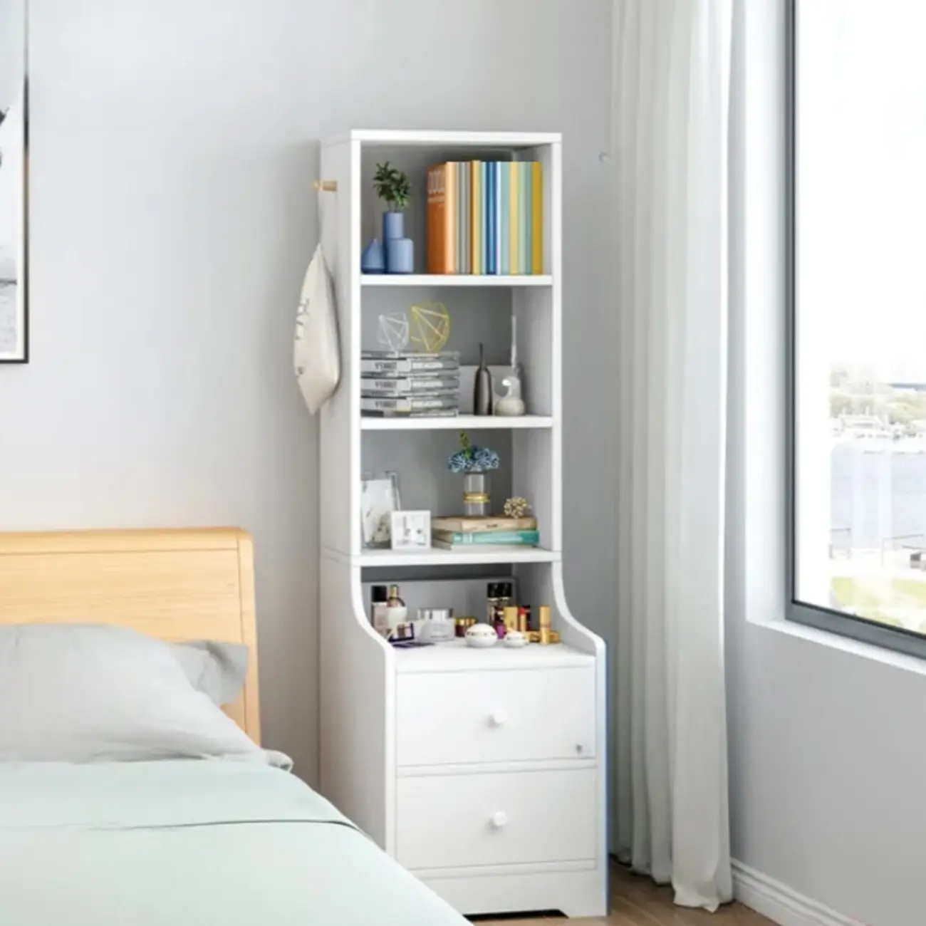 Scandinavian White Wooden Nightstand with Shelves and Drawers Image - 1 | homeyfad