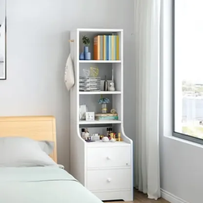 Scandinavian White Wooden Nightstand with Shelves and Drawers Image - 1