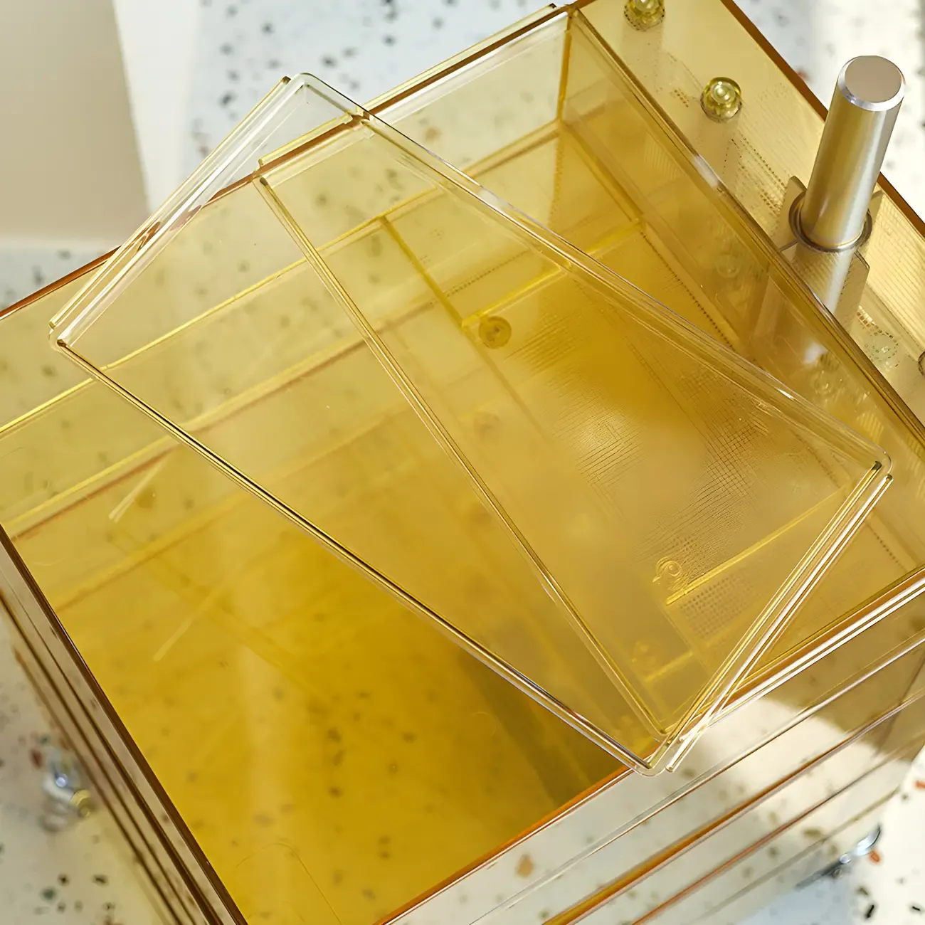 Vibrant Yellow Transparent Nightstand with Drawers and Wheels Image - 7