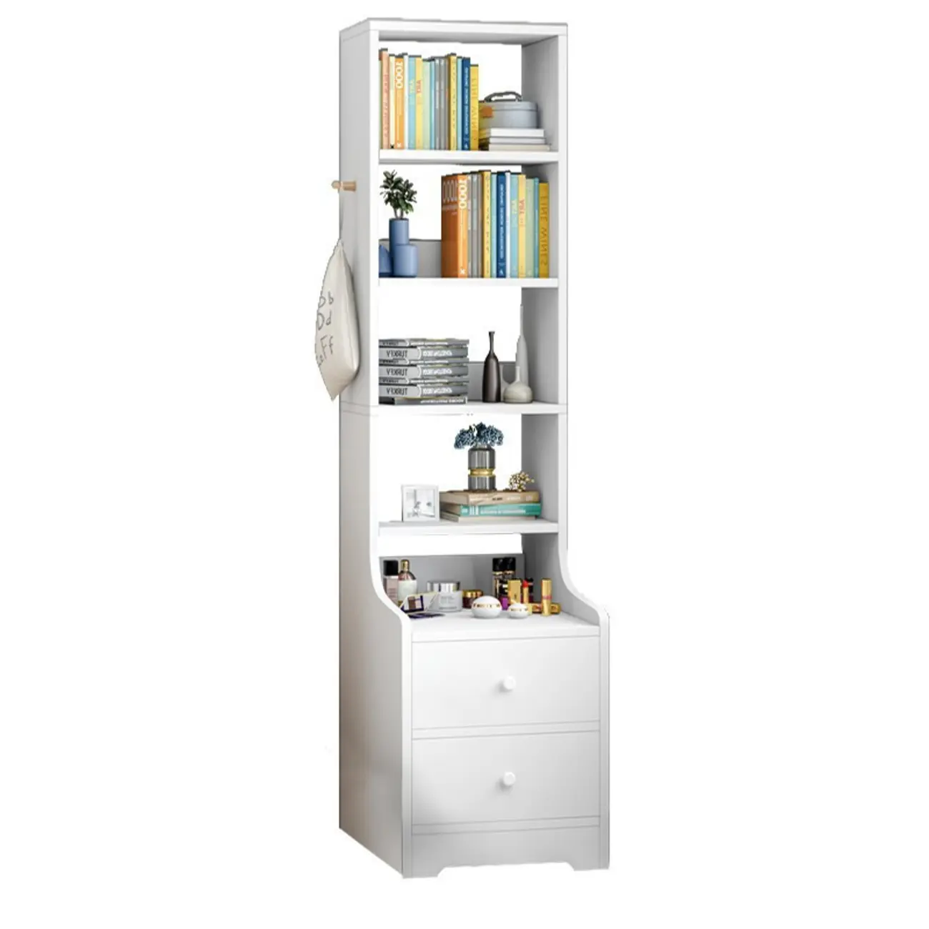 Scandinavian White Wooden Nightstand with Shelves and Drawers Image - 2 | homeyfad