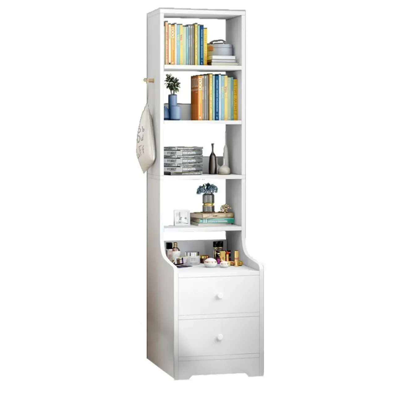 Scandinavian White Wooden Nightstand with Shelves and Drawers Image - 2