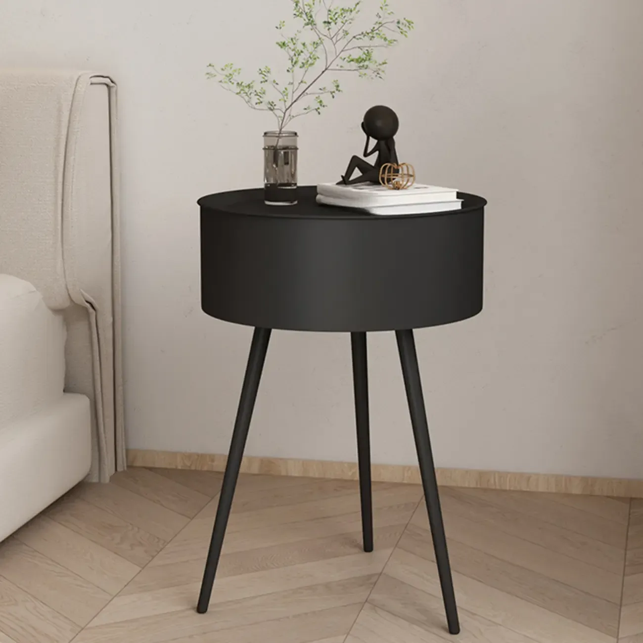 Scandinavian Round Metal Bedside Table with High Legs Image - 4