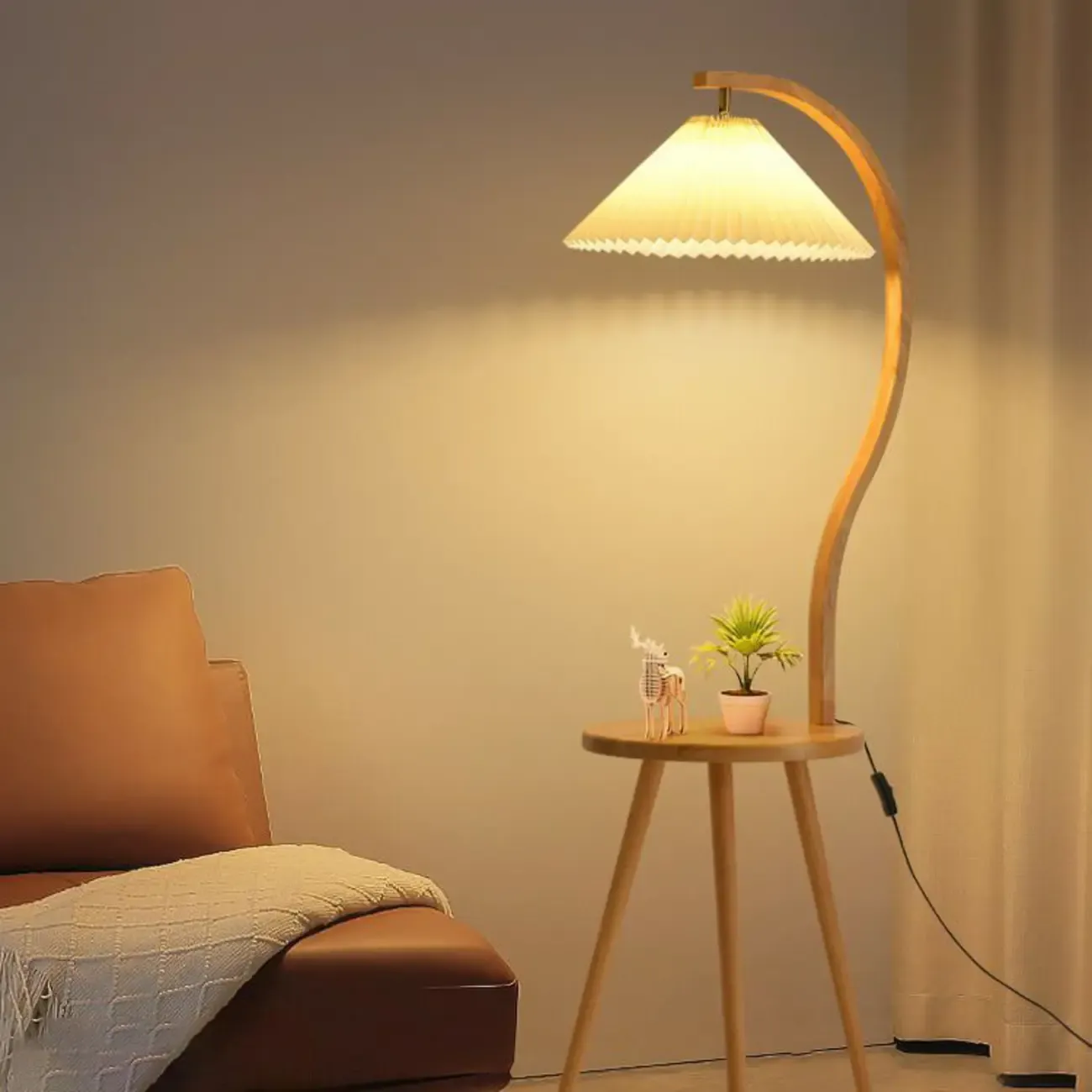 Natural Wooden Arc Floor Lamp with Beige Fabric Shade and Tripod Shelf Image - 3