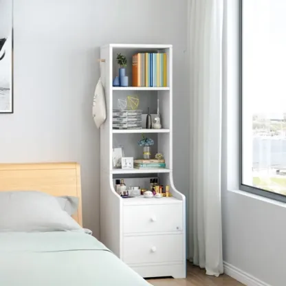 Scandinavian White Wooden Nightstand with Shelves and Drawers Image - 3
