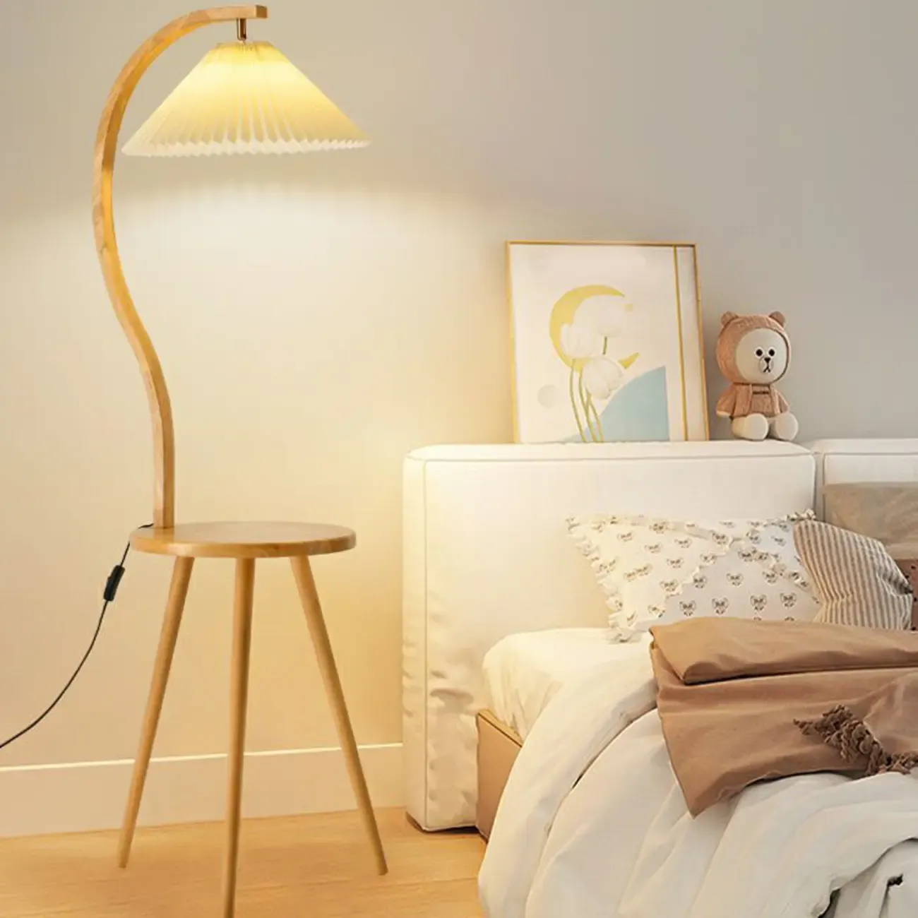 Natural Wooden Arc Floor Lamp with Beige Fabric Shade and Tripod Shelf Image - 4