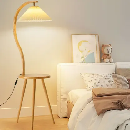 Natural Wooden Arc Floor Lamp with Beige Fabric Shade and Tripod Shelf  Image - 4