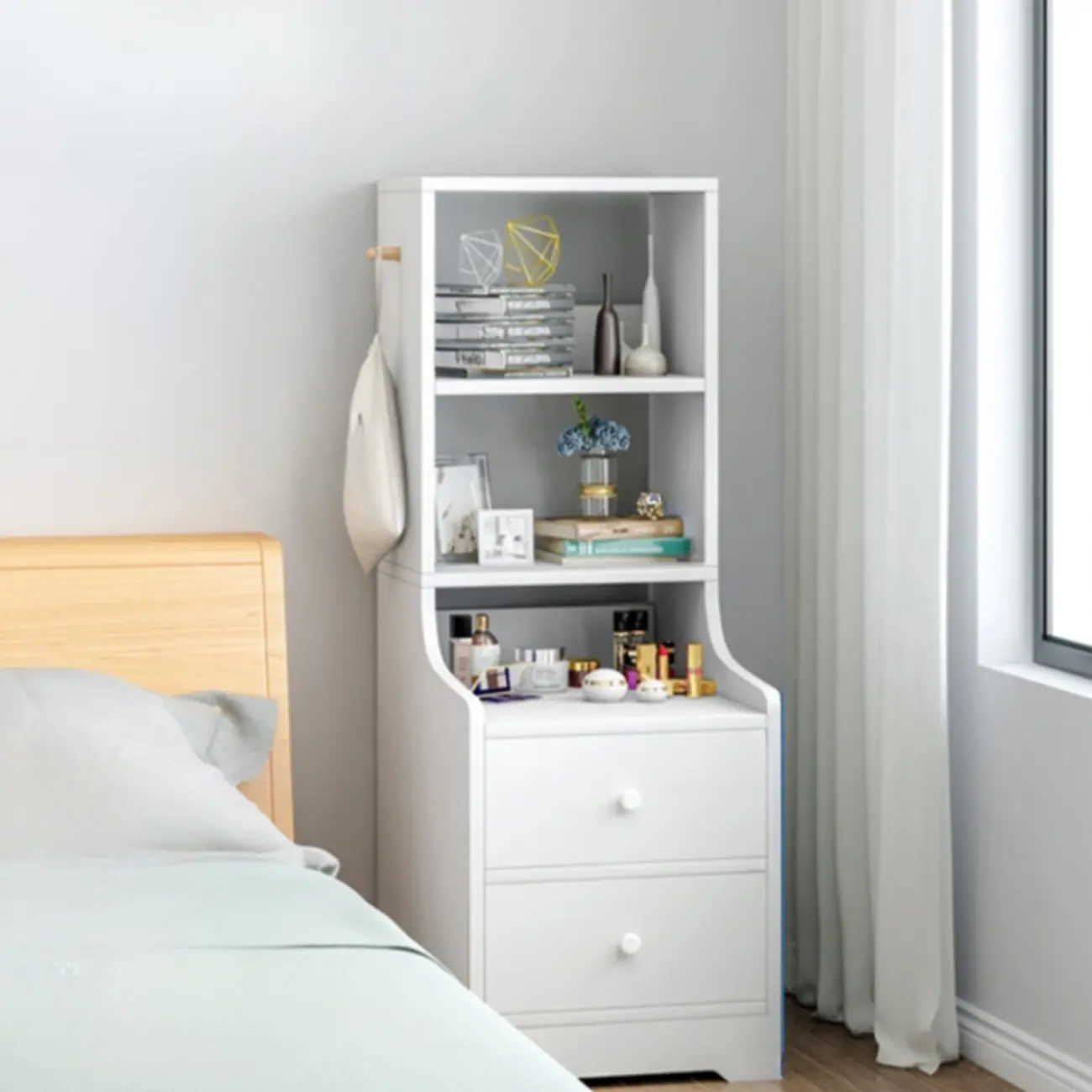 Scandinavian White Wooden Nightstand with Shelves and Drawers Image - 4 | homeyfad