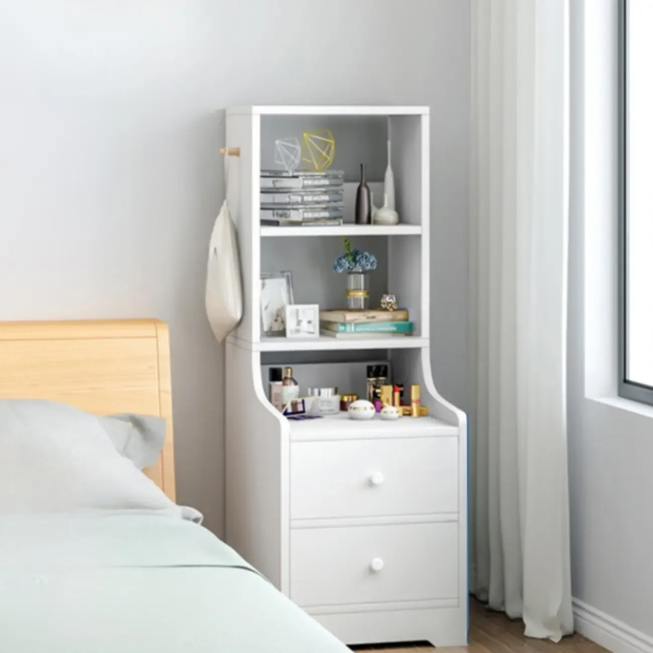 Scandinavian White Wooden Nightstand with Shelves and Drawers Image - 4