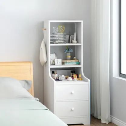 Scandinavian White Wooden Nightstand with Shelves and Drawers Image - 4