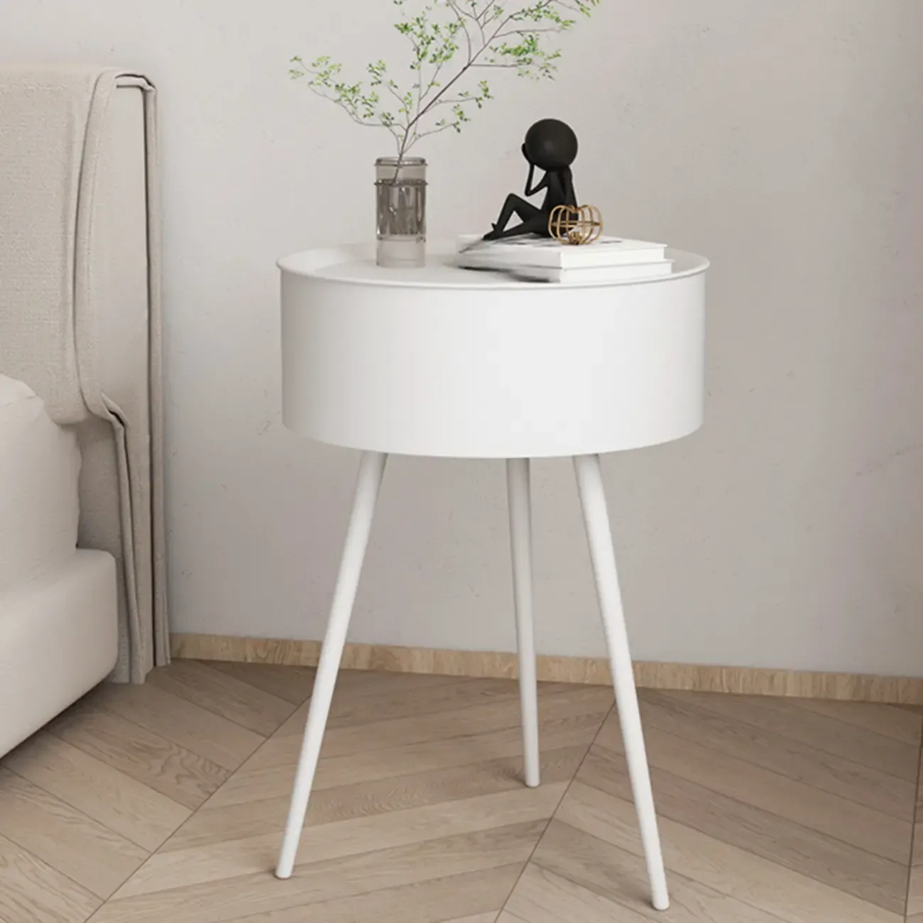 Scandinavian Round Metal Bedside Table with High Legs Image - 6