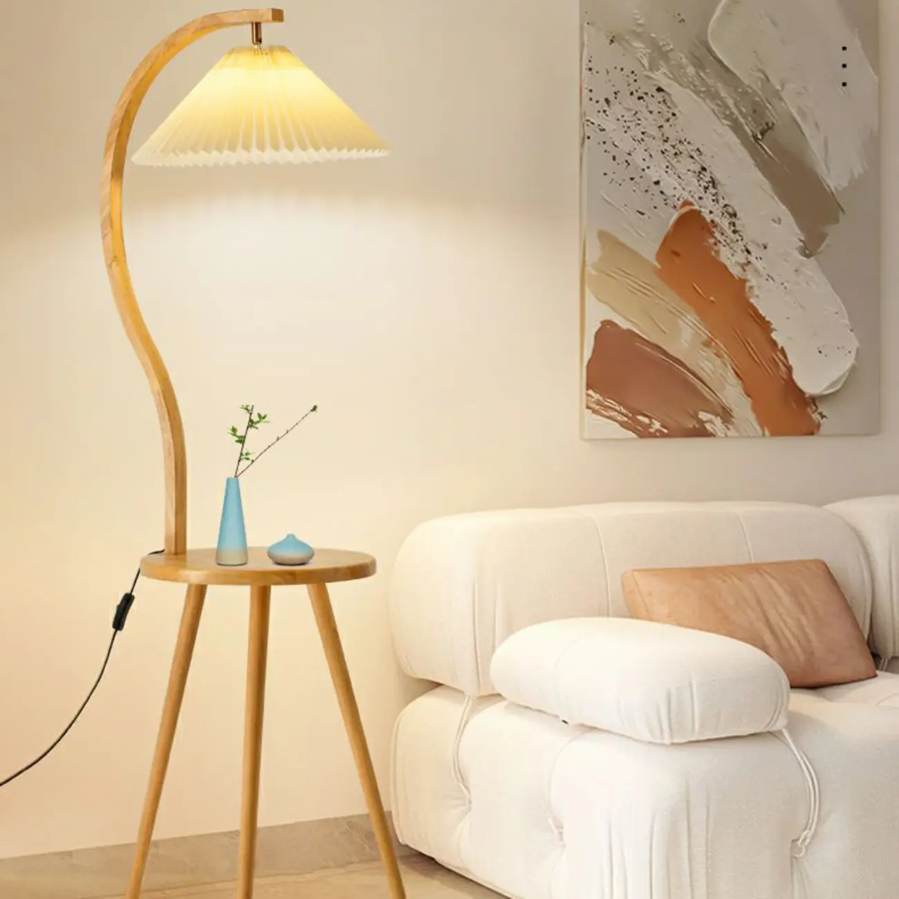 Natural Wooden Arc Floor Lamp with Beige Fabric Shade and Tripod Shelf  Image - 5 | homeyfad