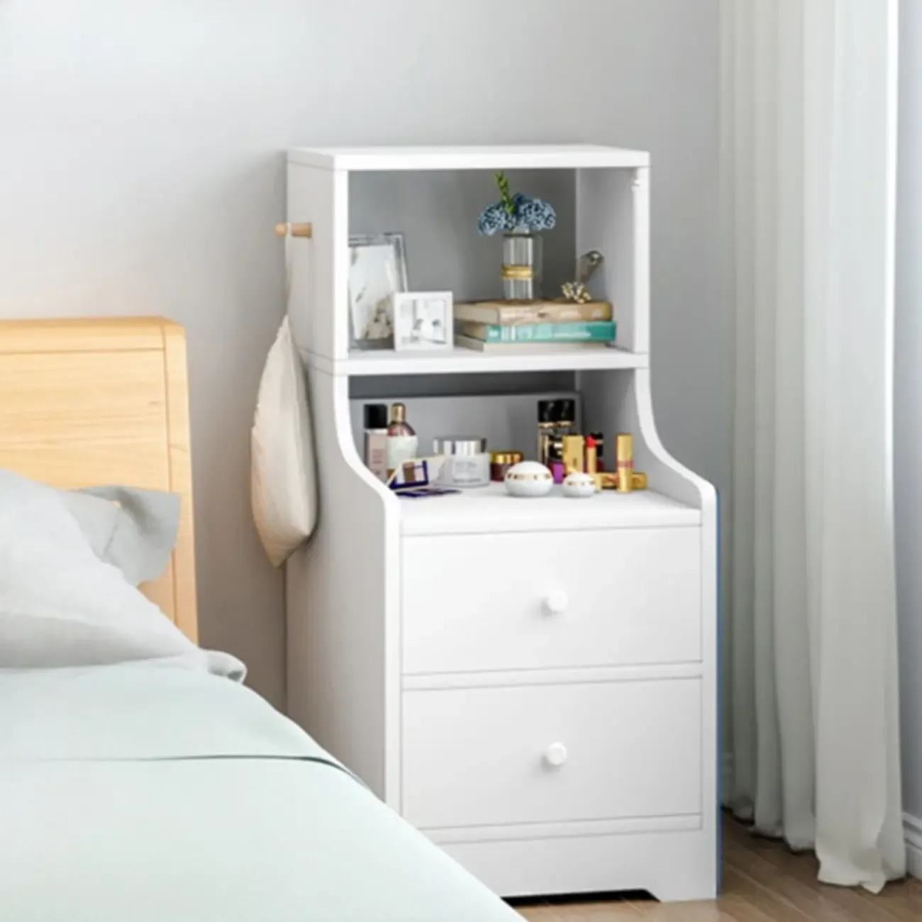 Scandinavian White Wooden Nightstand with Shelves and Drawers Image - 5