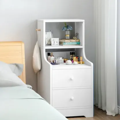 Scandinavian White Wooden Nightstand with Shelves and Drawers Image - 5
