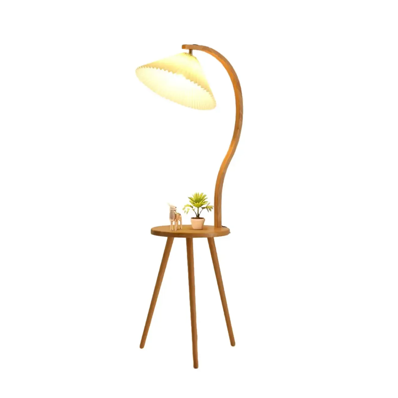 Natural Wooden Arc Floor Lamp with Beige Fabric Shade and Tripod Shelf Image - 6